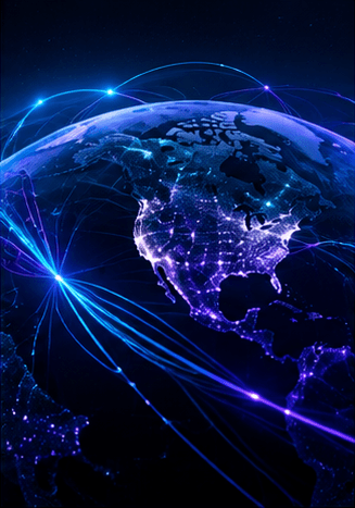 The Earth at night, wrapped in arcs of blue light.