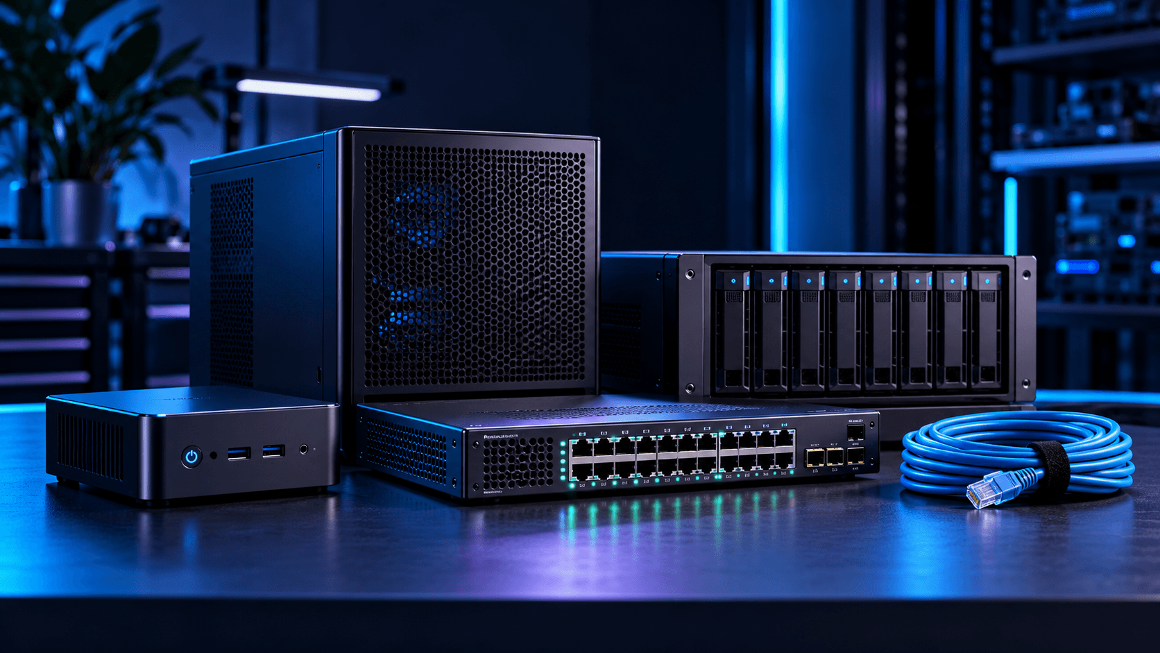 A mini PC, a tower, a 24-port network switch, an 8-bay storage box and a coil of blue cable on a desk.