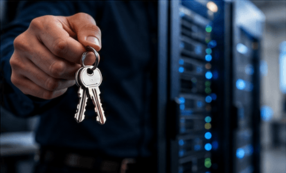 A hand holding out a set of keys in front of a lit server rack.