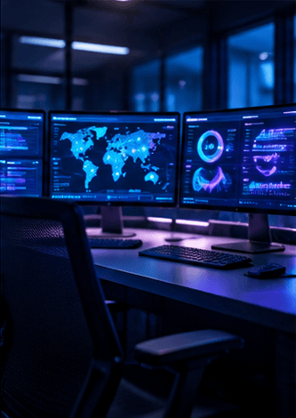 A person at a desk facing a wall of monitors in a dark room.