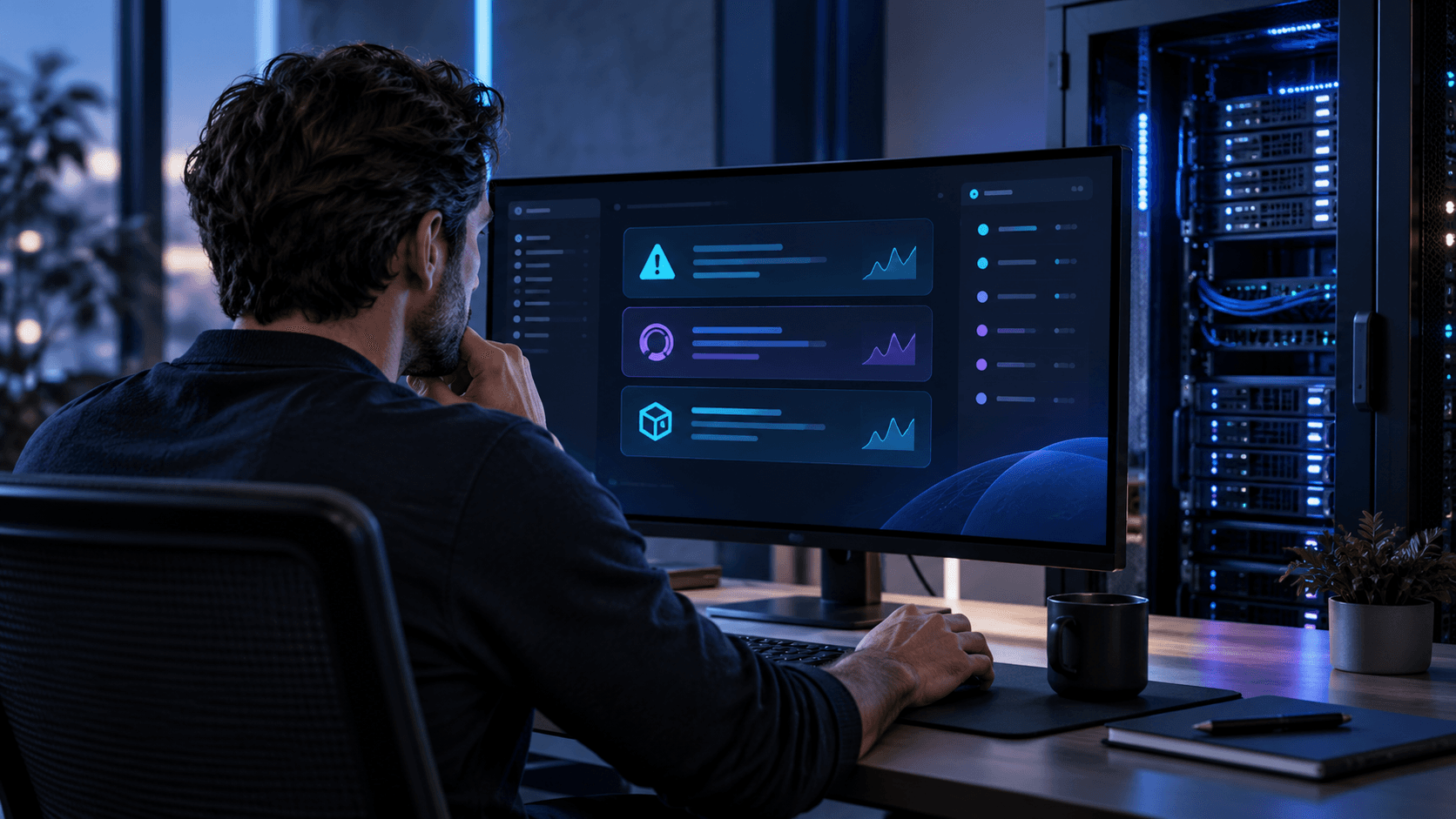 A person at a desk at night studying a monitor of alerts and charts, with a lit server rack behind.