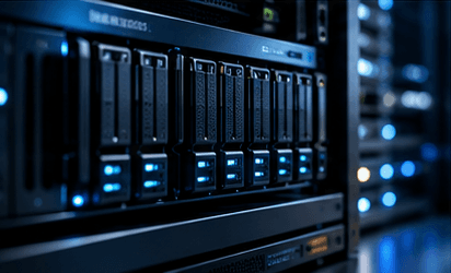 Close-up of rack servers with rows of drive bays and blue status lights.