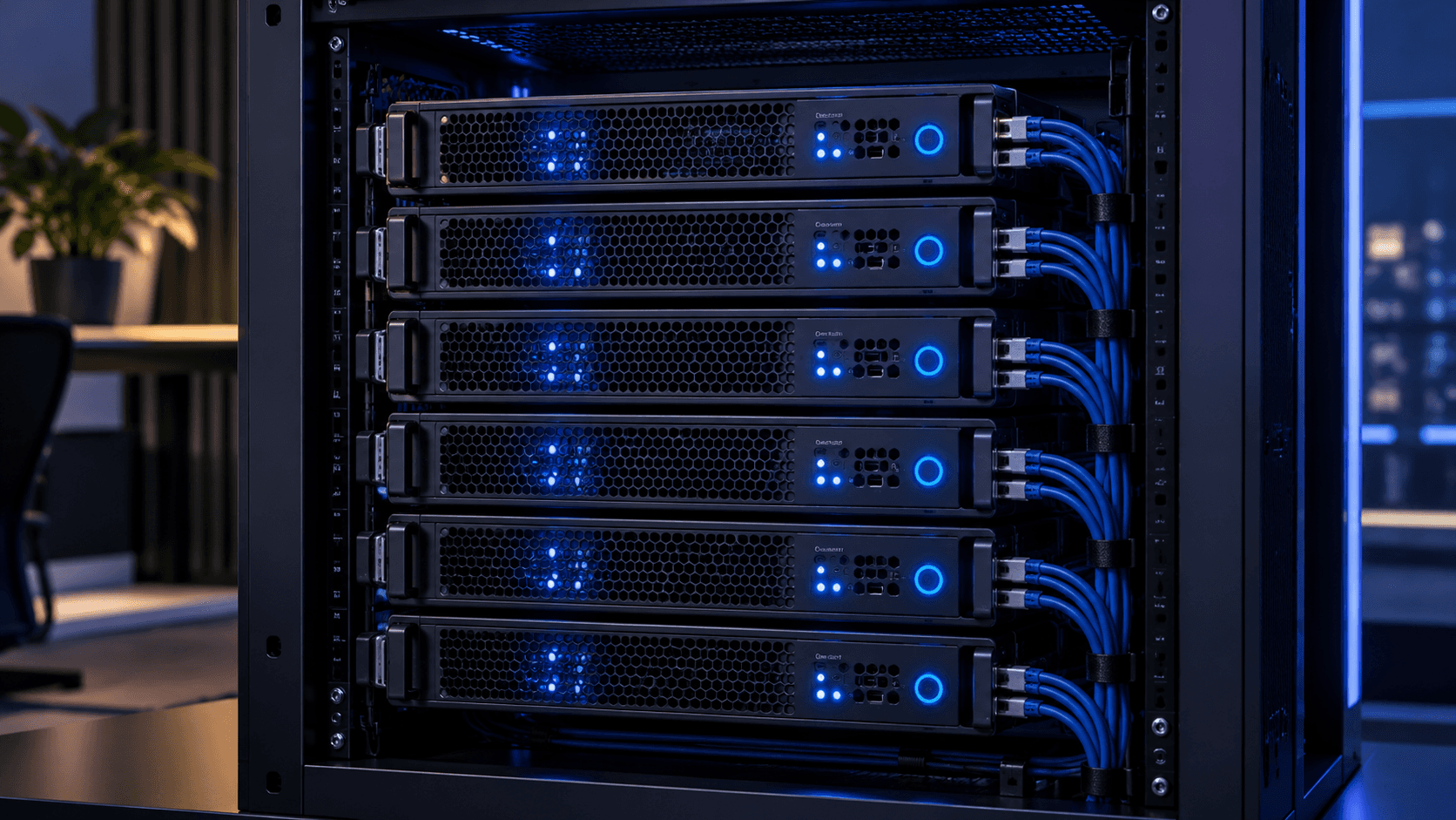 Close-up of a rack holding six servers with blue lights and blue cabling.