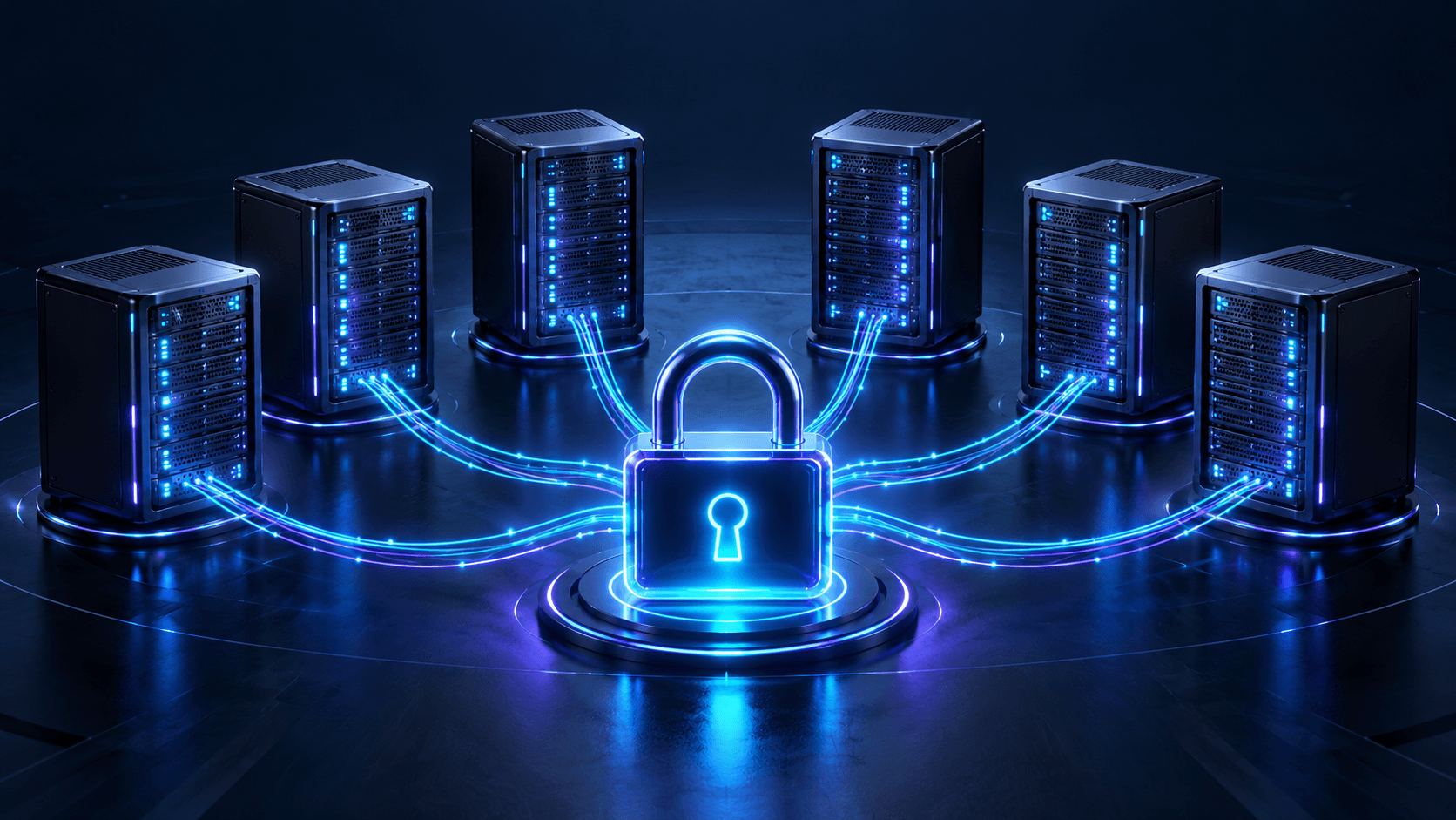Six servers in a ring, each wired by a line of light into a glowing padlock at the center.