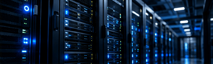 A long aisle of server racks lit in blue.