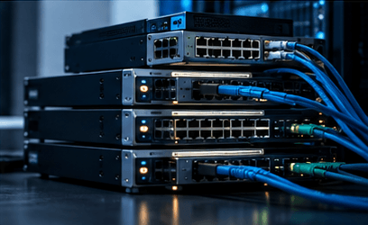 A stack of network switches with blue cables plugged into their ports.