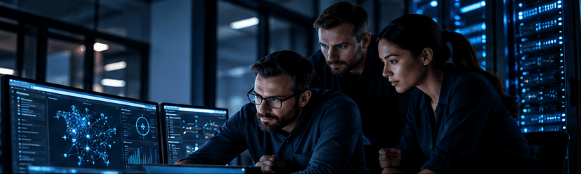 Three people at a desk looking together at a row of monitors.