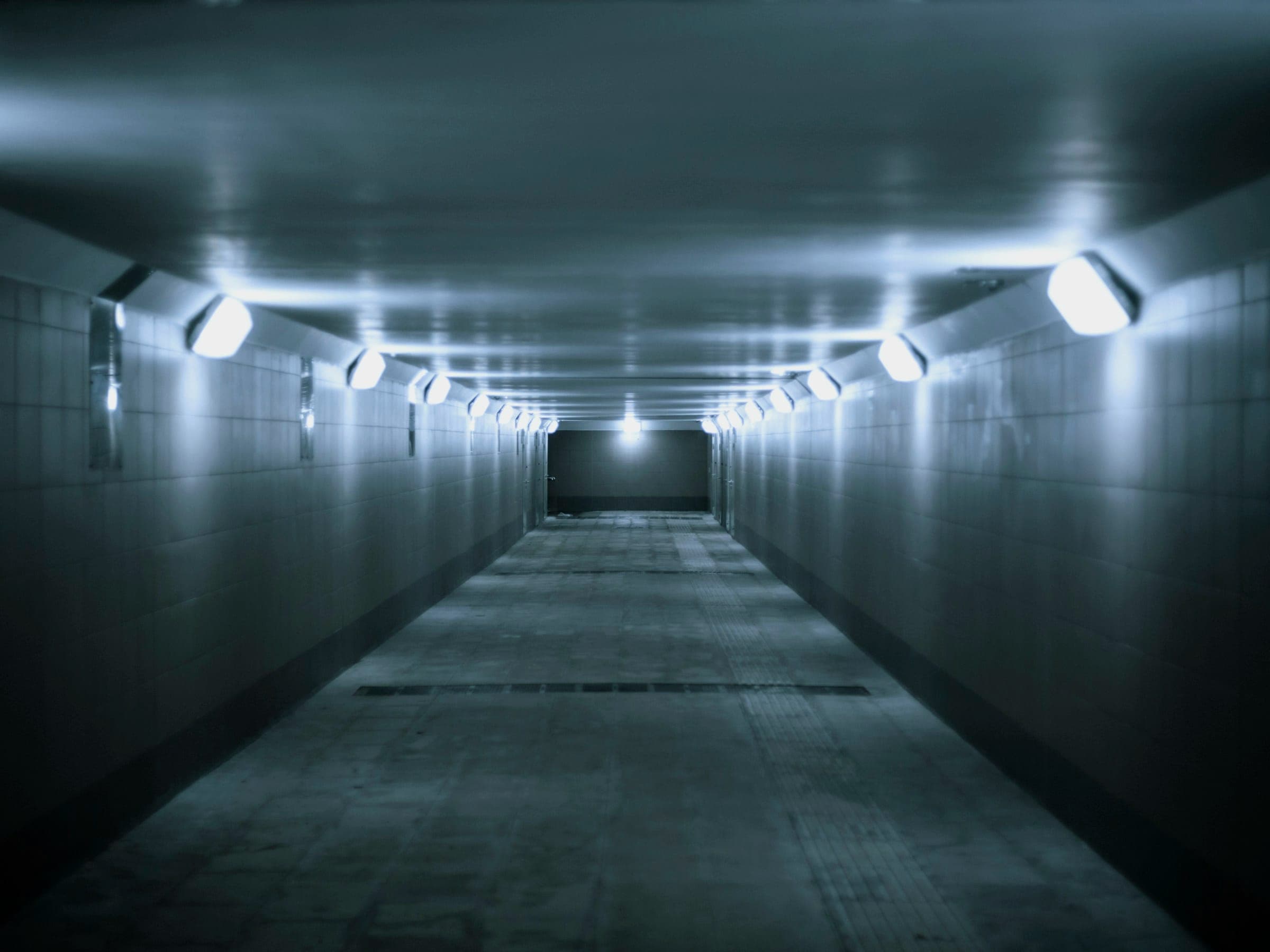 An empty pedestrian tunnel lit by a row of cool white lamps.