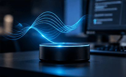 A small round speaker on a desk with waves of blue light rising from it.
