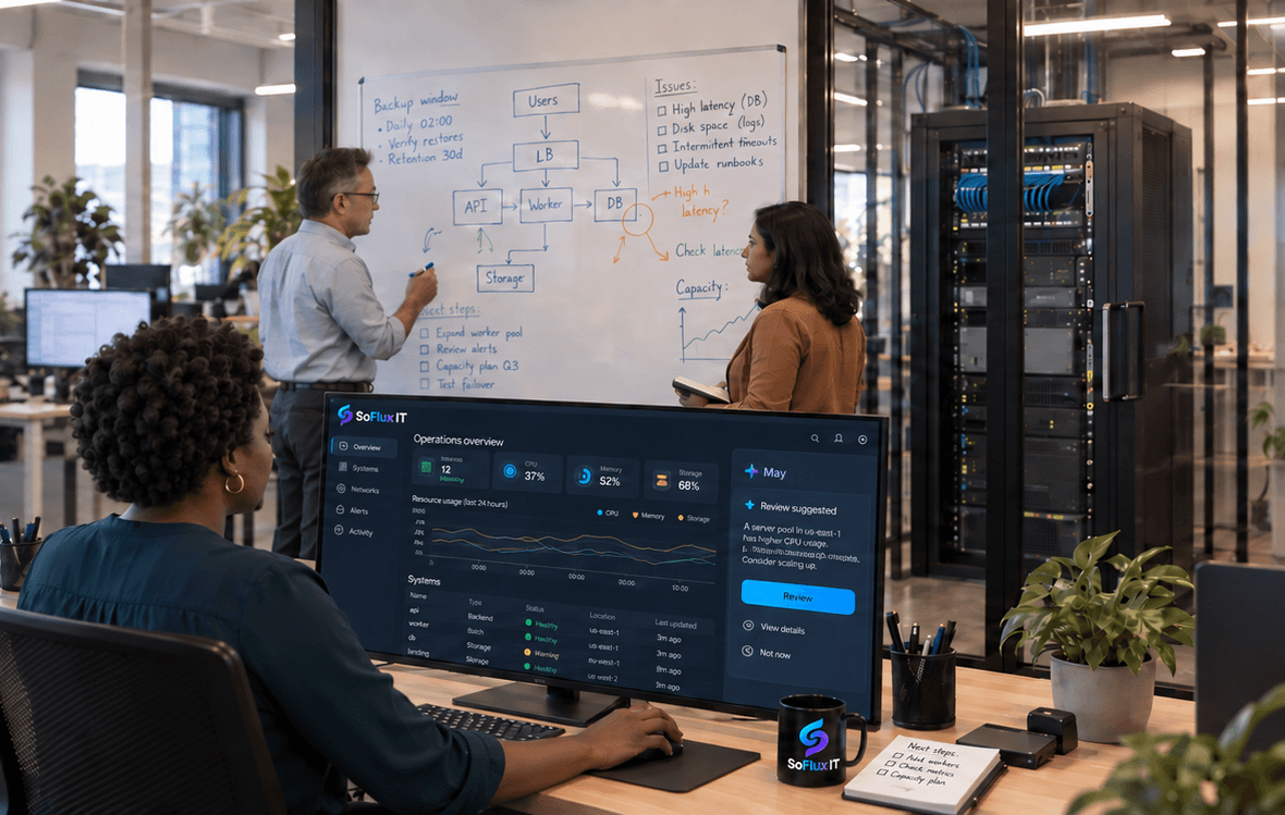 An open-plan office: two colleagues plan at a whiteboard of system diagrams while a third works at a monitor showing an operations dashboard, with server racks behind them.