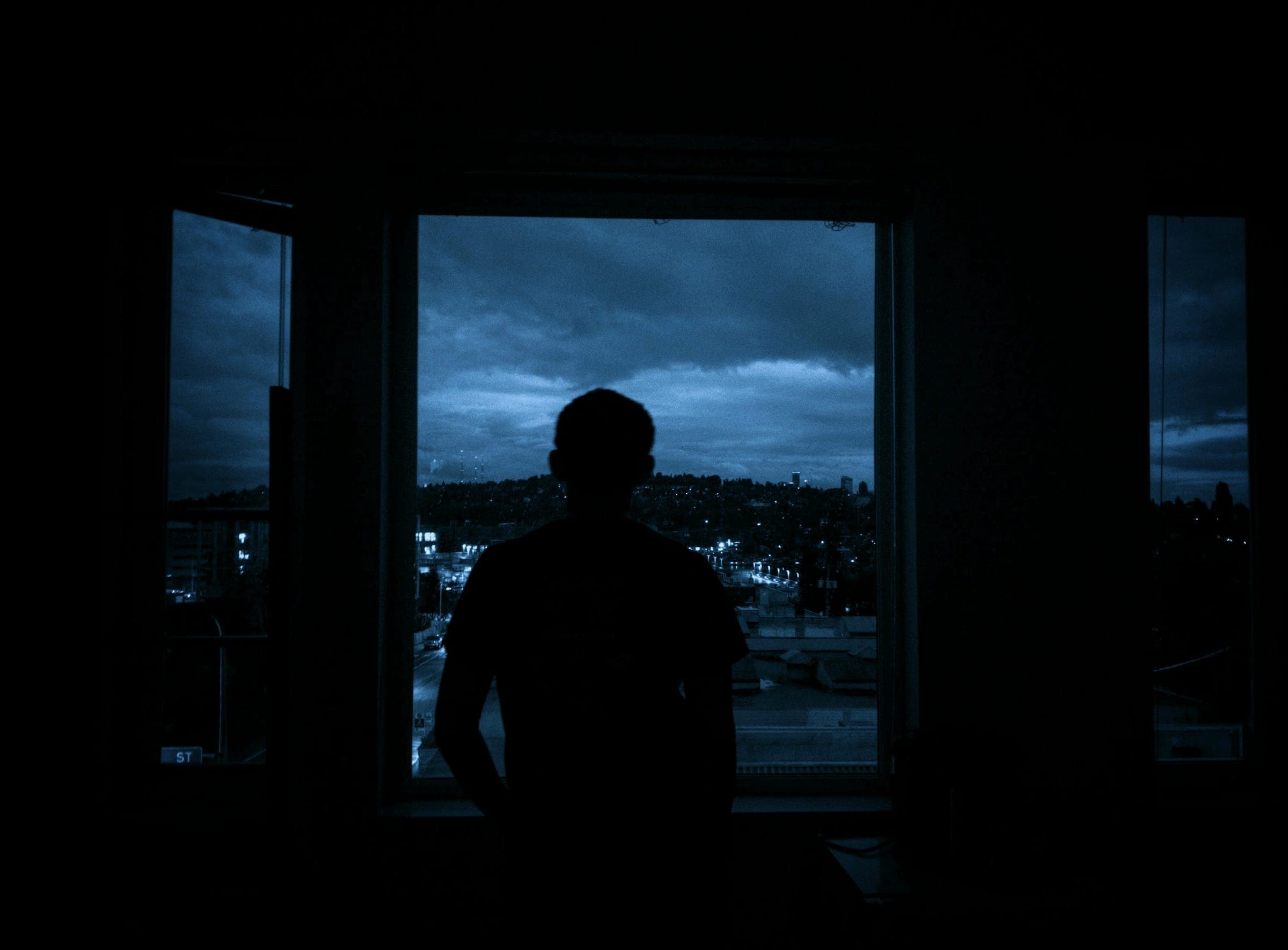 A person seen from behind, silhouetted at a window overlooking a city at blue hour.
